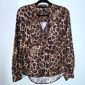 NWOT Express Cheetah Print V-Neck Long Sleeve Button Down Satin Blouse Size M